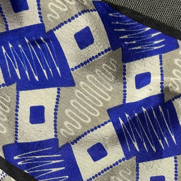 Vintage Silk Scarf in Blue Silver and Black Retro Design by Anne Klein - Picture 6 of 7